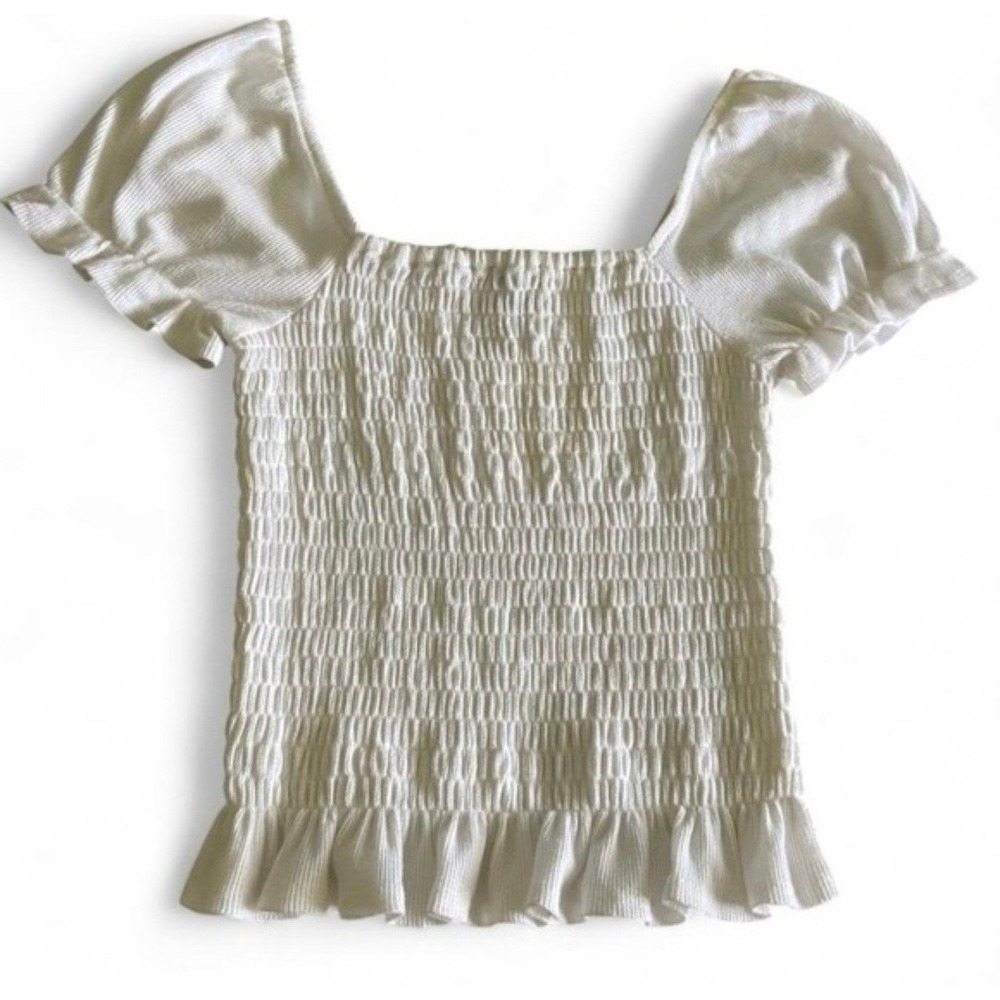Aqua White Smocked Puff-Sleeve Waffle Knit Square Neck Ruffle Top Womens Size XS
